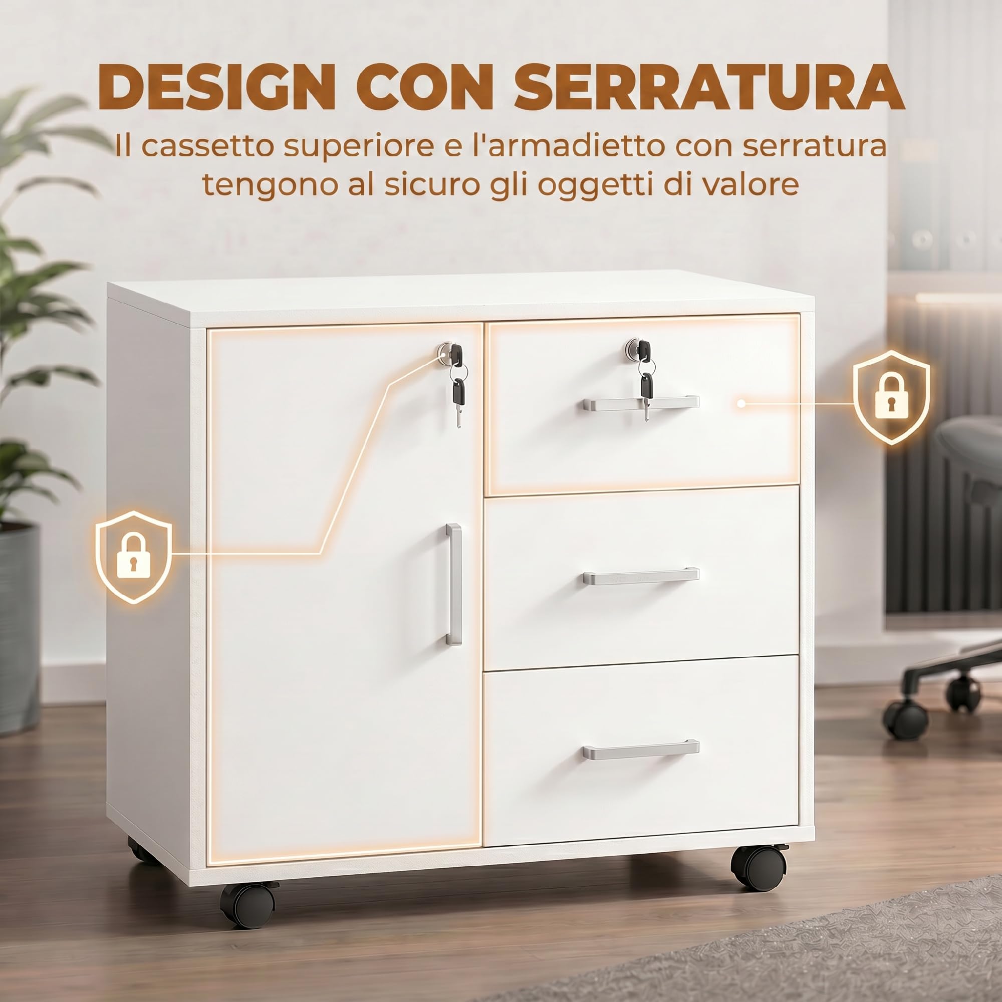 HOMCOM Archivador de oficina con 3 cajones y armario con 3 estantes ajustables, archivador de aglomerado, 60x40x56 cm, blanco