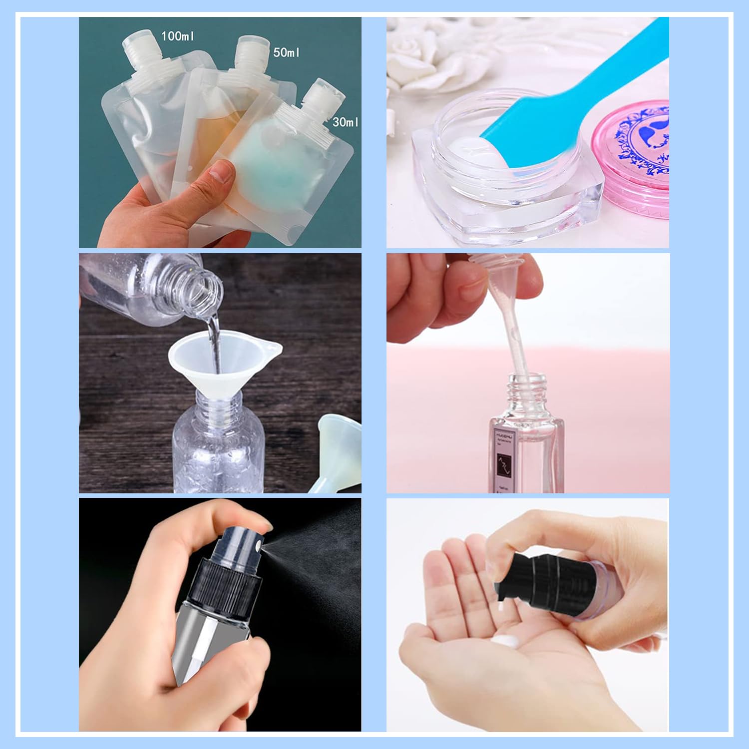 9 Durchsichtige Reisebeutel 30/50/100 Ml – Auslaufsicher, Mit Trichter & Aufklebern Für Shampoo, Cremes & Mehr