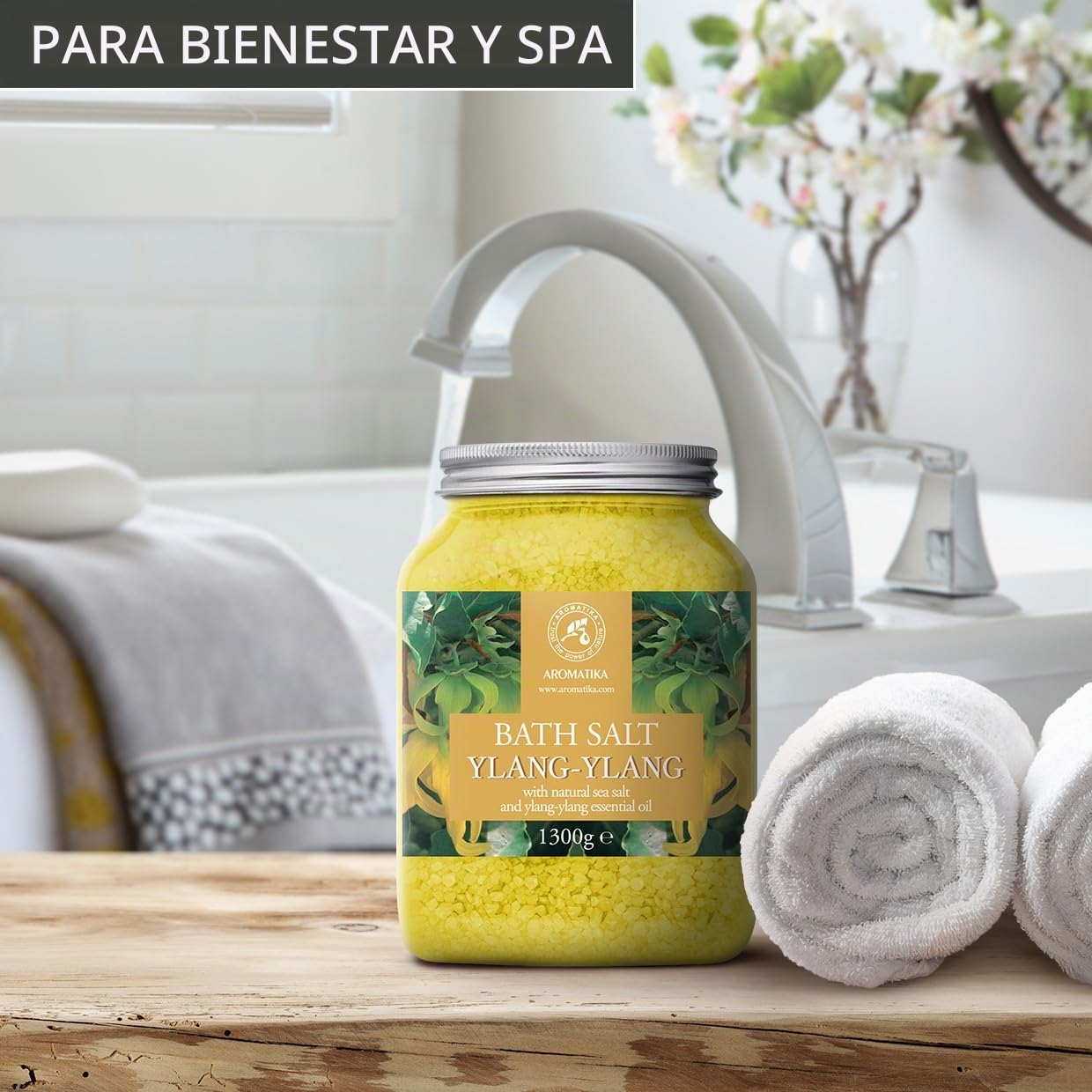 Sal de Baño con Aceite Esencial Ylang Ylang - 1300g - Espuma de Baño - Baños de Burbujas - Cuidado del Cuerpo - Buen Sueño - Bienestar - Relajación - Aromaterapia - Aroma Ylang