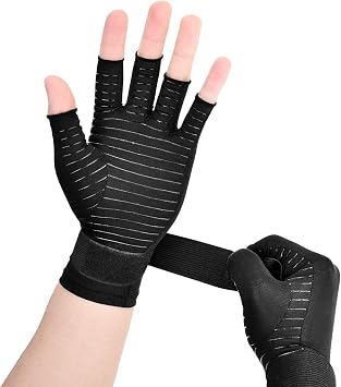 Copper Wrist Compression Arthritis Gloves 1 Pair, Wrist Support Brace Fingerless Glove with Adjustable Strap for Hand Pain Relief, Carpal Tunnel, Rheumatoid, Tendonitis, Swelling, Fits Women & Men