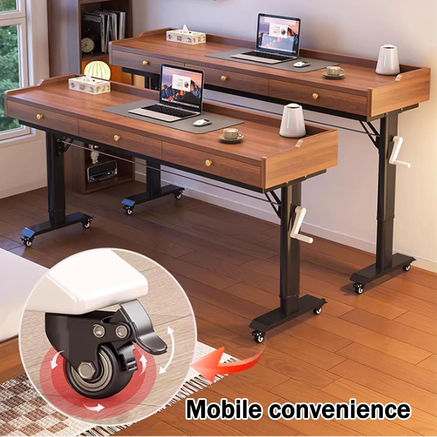 JKGHK Height Adjustable Overbed Desk with Wheels, Mobile Laptop Table with Baffle Storage, Heavy Duty Hand Crank Rolling Cart for Reading, Home, Office, Hospital(Black,82.7in/210cm)