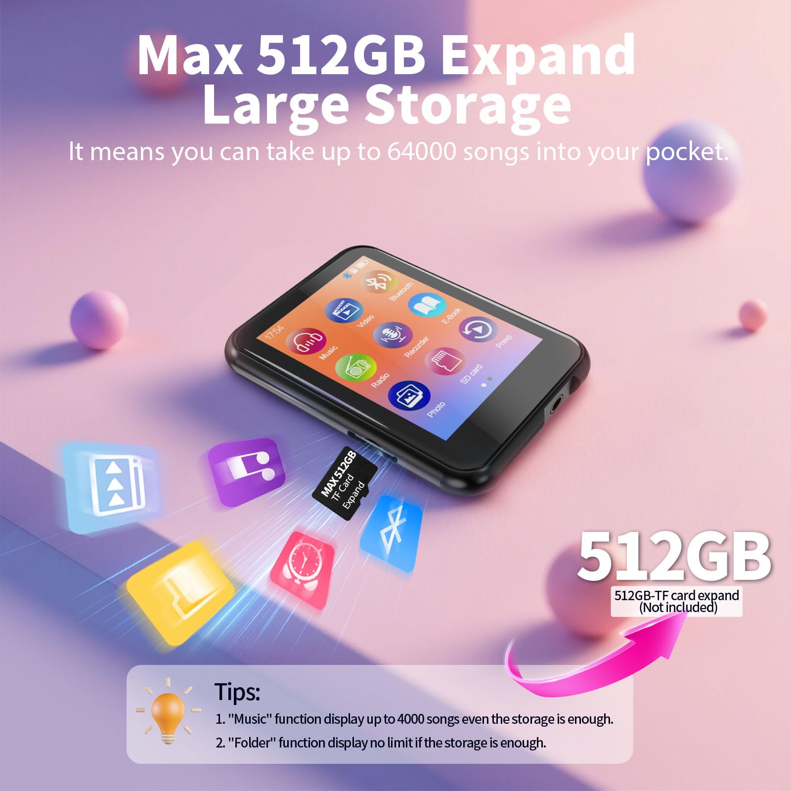 Reproductor MP3 de 32 GB con Bluetooth 5.3, pantalla táctil de 2,4 pulgadas, radio FM, grabación de voz, sonido Hi-Fi, función de libro electrónico, ampliación de memoria de hasta 512 GB