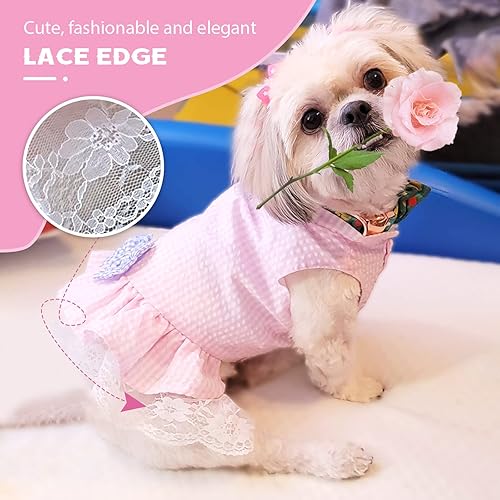 Miniatura 3 de Vestido de verano para perro, lindo vestido de verano a cuadros con lazo, sin mangas, suave y transpirable, de encaje, ropa de princesa para