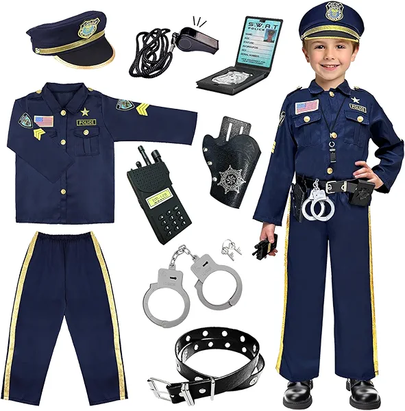 BEIKEETOO Police Officer Costume for Kids - Boys & Girls, Cop Uniform for Role Play, Gift, Halloween & Career Day