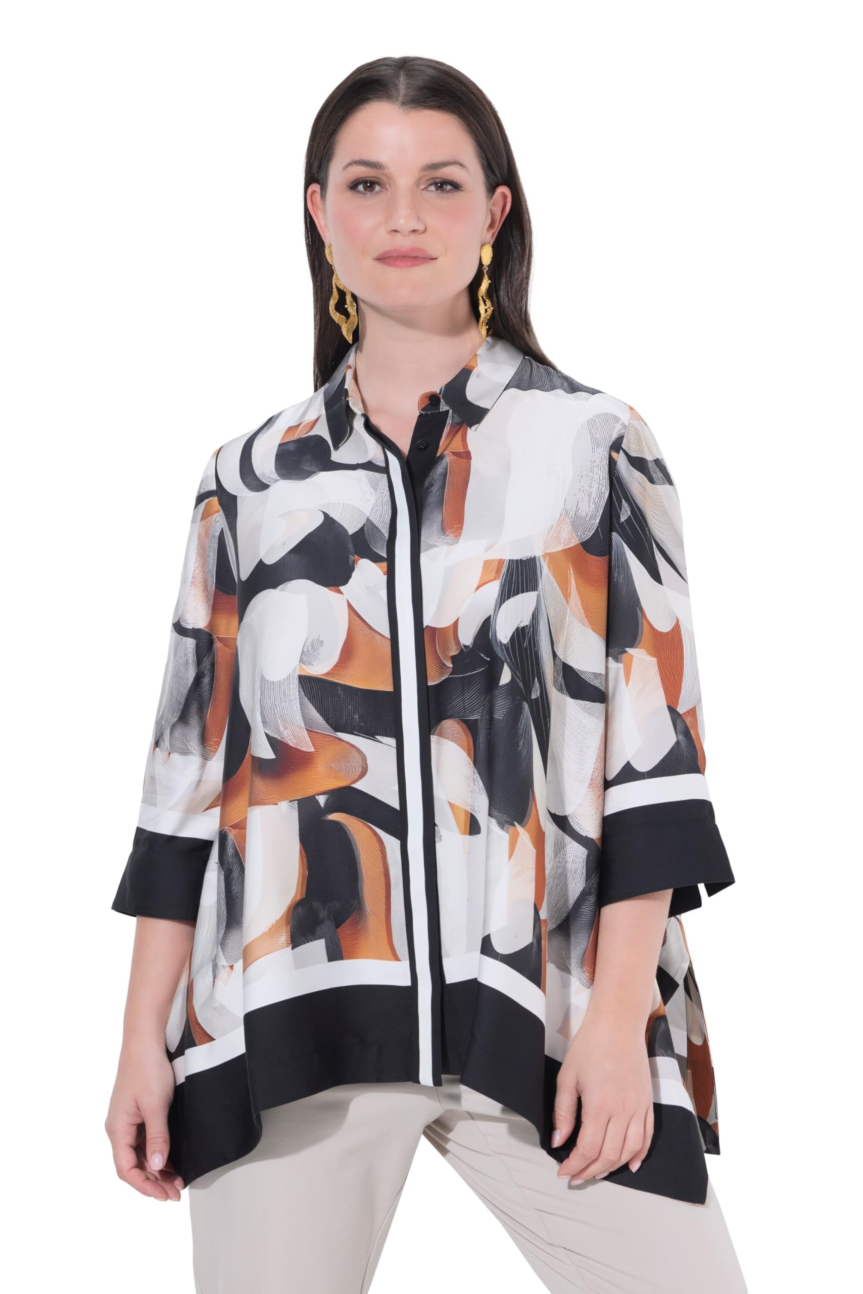 Ulla Popken Damen große Größen Übergrößen Plus Size Bluse, Zipfelsaum, Oversized, Hemdkragen, 3/4-Arm 845036