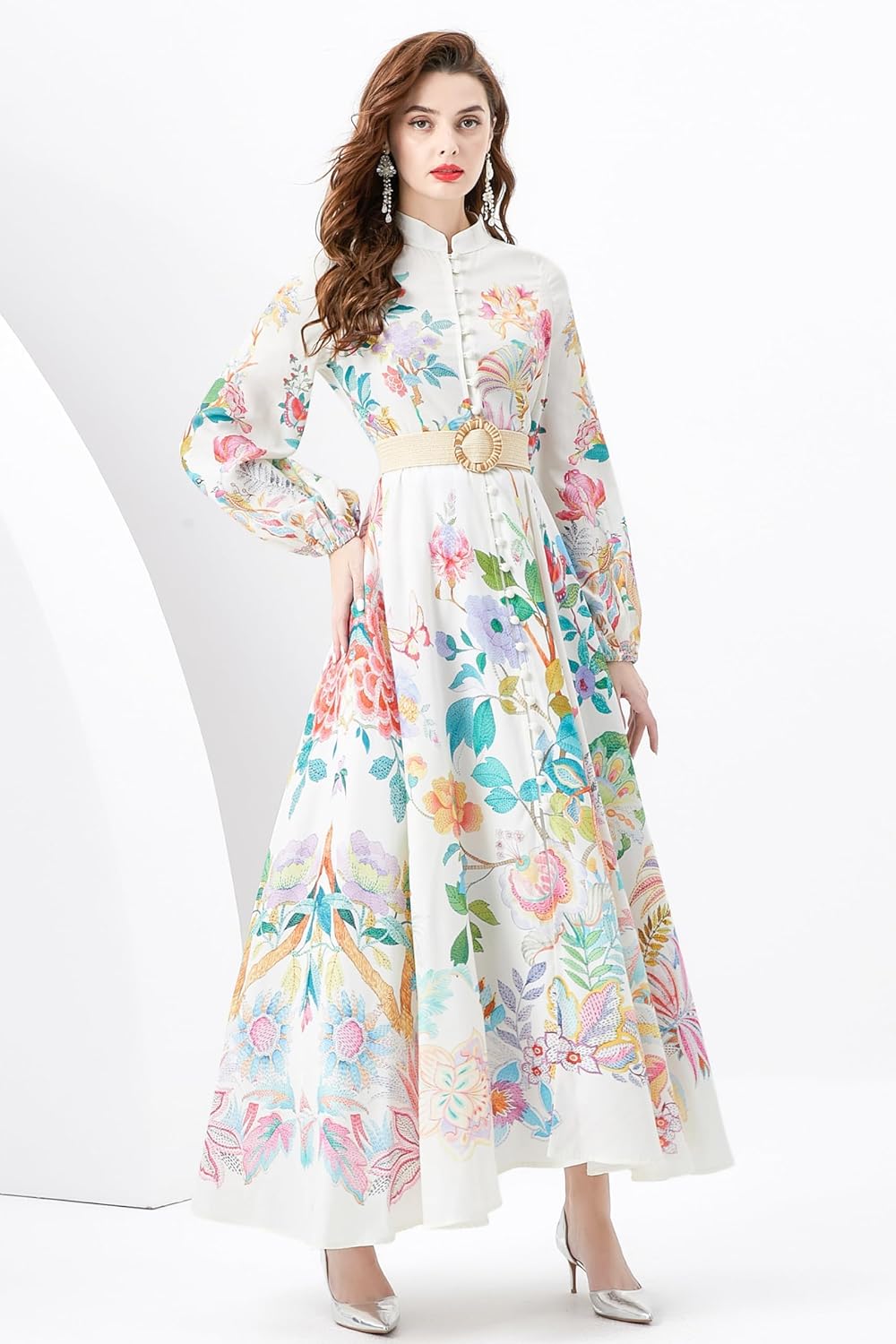 LAI MENG FIVE CATS Women's Floral Print Puff Sleeve Button Up Split Party Flowy Maxi Dress - Image 3