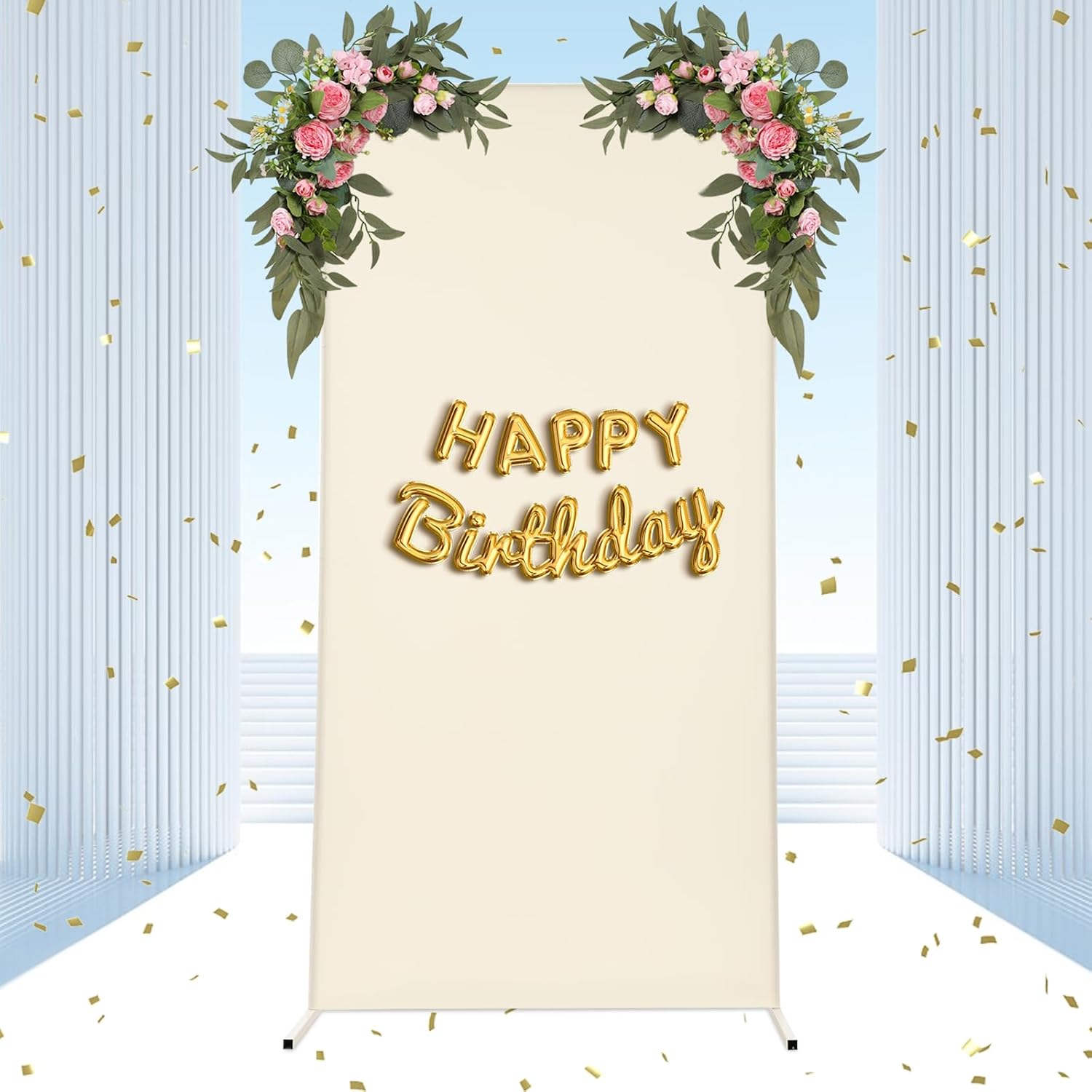 White Backdrop Frame Metal Wedding Arch Backdrop Stand Balloon Arch Stand for Birthday Party Baby Shower Background Decoration, 1*2m, Beige Cloth Cover