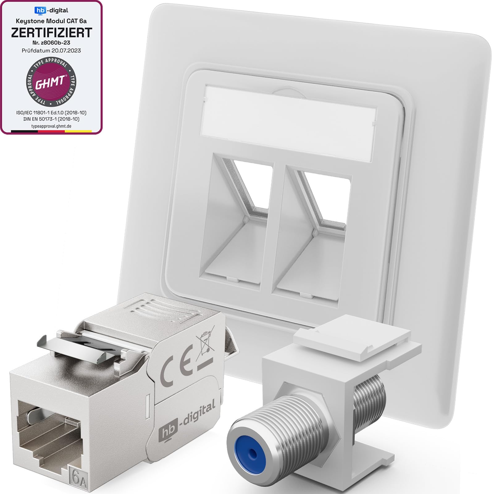 hb-digital Zestaw: puszka przyłączeniowa RAL 9003 z modułem Keystone Cat. 6a i złącze F niklowane multimedialne keyystone do panelu krosowego, gniazdo sieciowe, gniazdo keystone, adapter Plug & Play,
