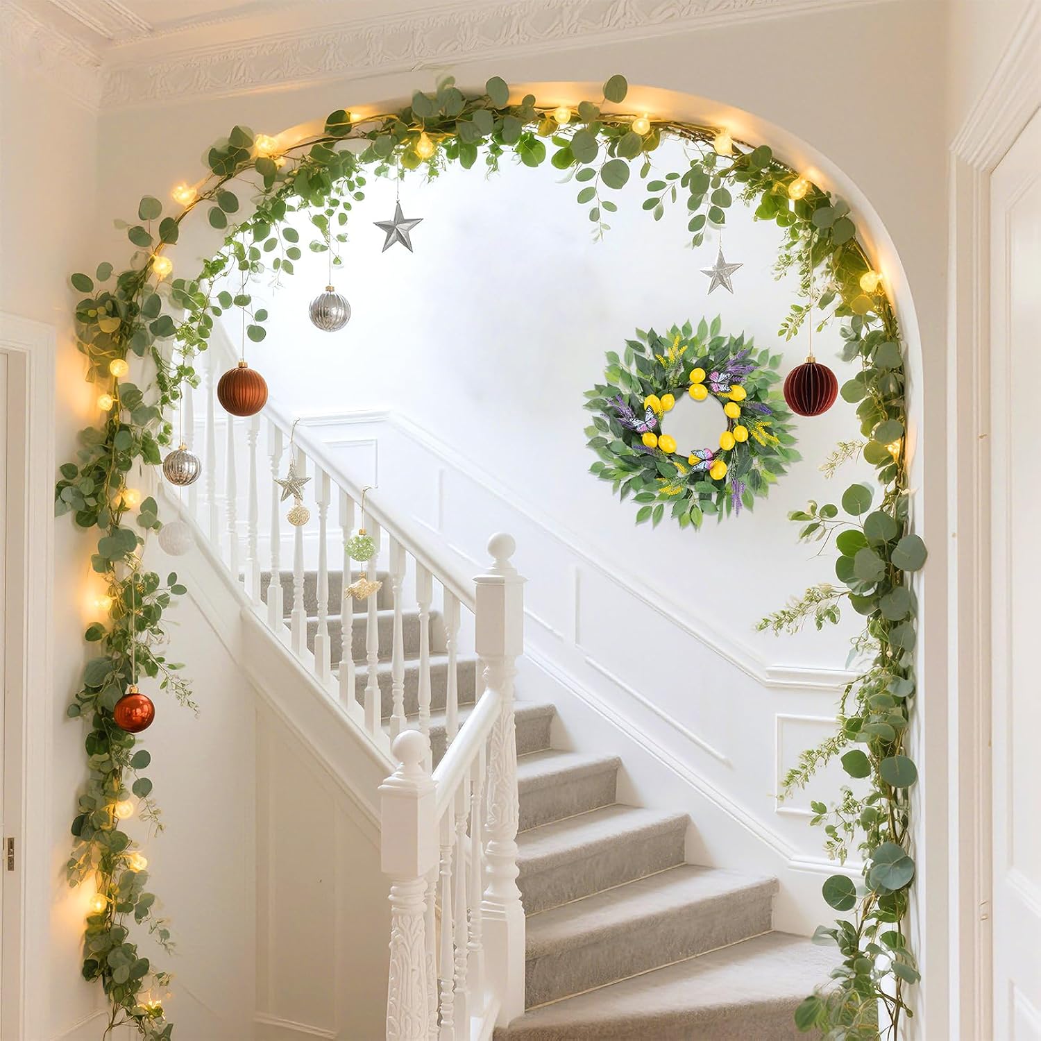 U'Artlines 24 Inch Lemon Wreath for Front Door, Spring Summer Door Wreaths with Fake Lemons Butterfly Greenery Wreath for All Seasons Window Wall Wedding Indoor Outdoor Decor
