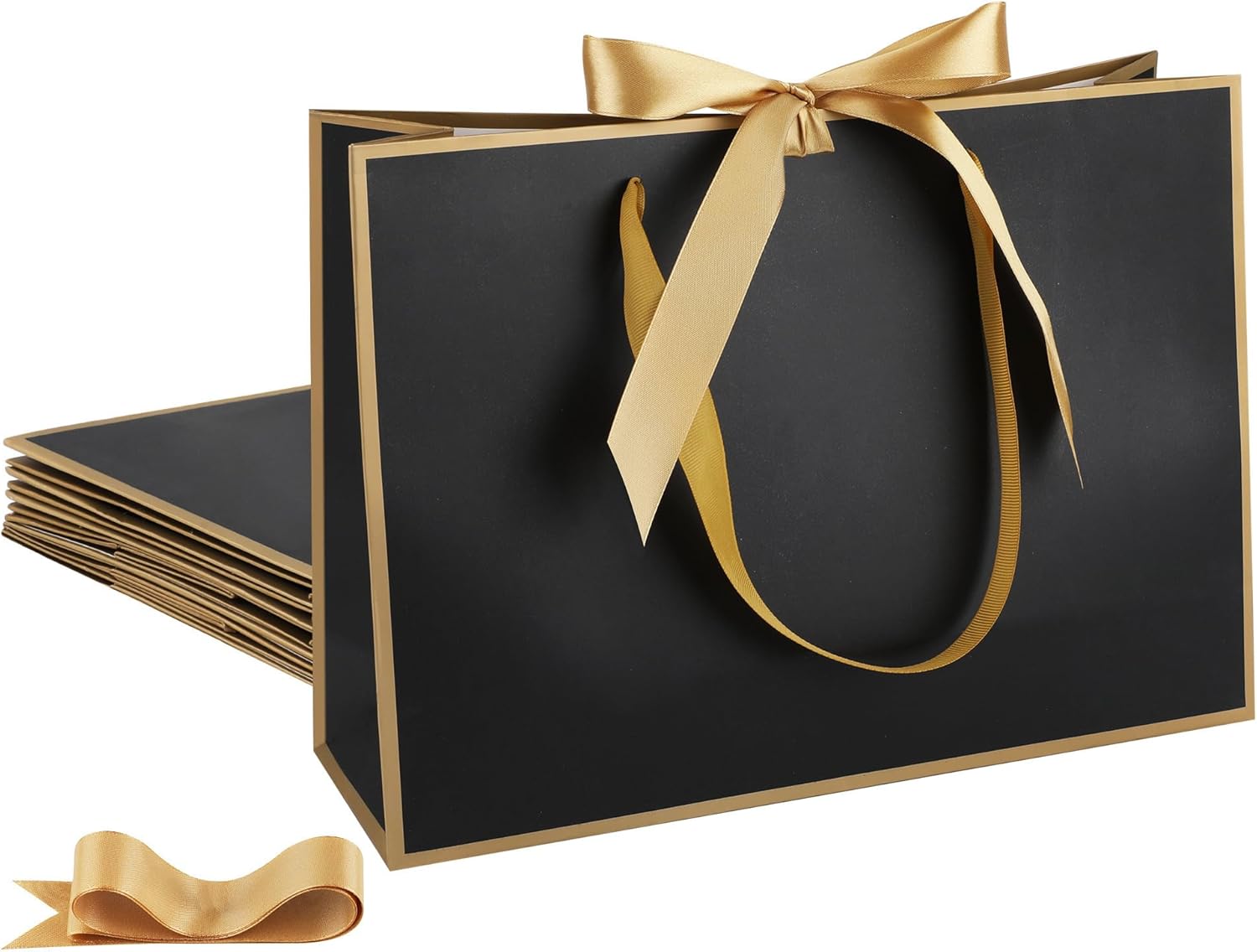 STOBOCTER 6 Pcs Elegant Paper Gift Bags with Handles 12.6''x4''x9.1'' Thank You 5 Senses Gift Bags with Bow Ribbon for Father's Day Wedding Bridesmaid Groomsmen Graduation Birthday Party(Black, Gold)