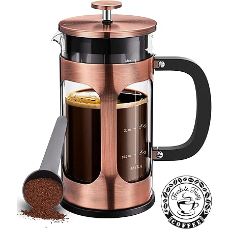 BAYKA French Press Coffee Maker, Glass Classic Copper 304 Stainless Steel Coffee Press, Cold Brew Heat Resistant Thickened Borosilicate Coffee Pot for Camping Travel Gifts, 34 Ounce