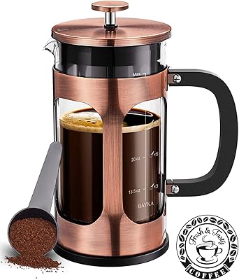 BAYKA French Press Coffee Maker, Glass Classic Copper 304 Stainless Steel Coffee Press, Cold Brew Heat Resistant Thickened...