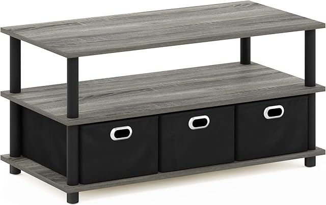 Furinno Frans Turn-N-Tube Coffee Table with Bin Drawers, French Oak Grey/Black/Black, 79.2 (W) x 40.1 (H) x 39.4 (D) cm