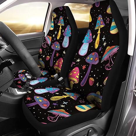Car Front Seat Cover Set of 2, Trippy Mushroom Galaxy Print Auto Universal Interior Accessories, Breathable Automobile Seat Cover for Cars Truck Van SUV