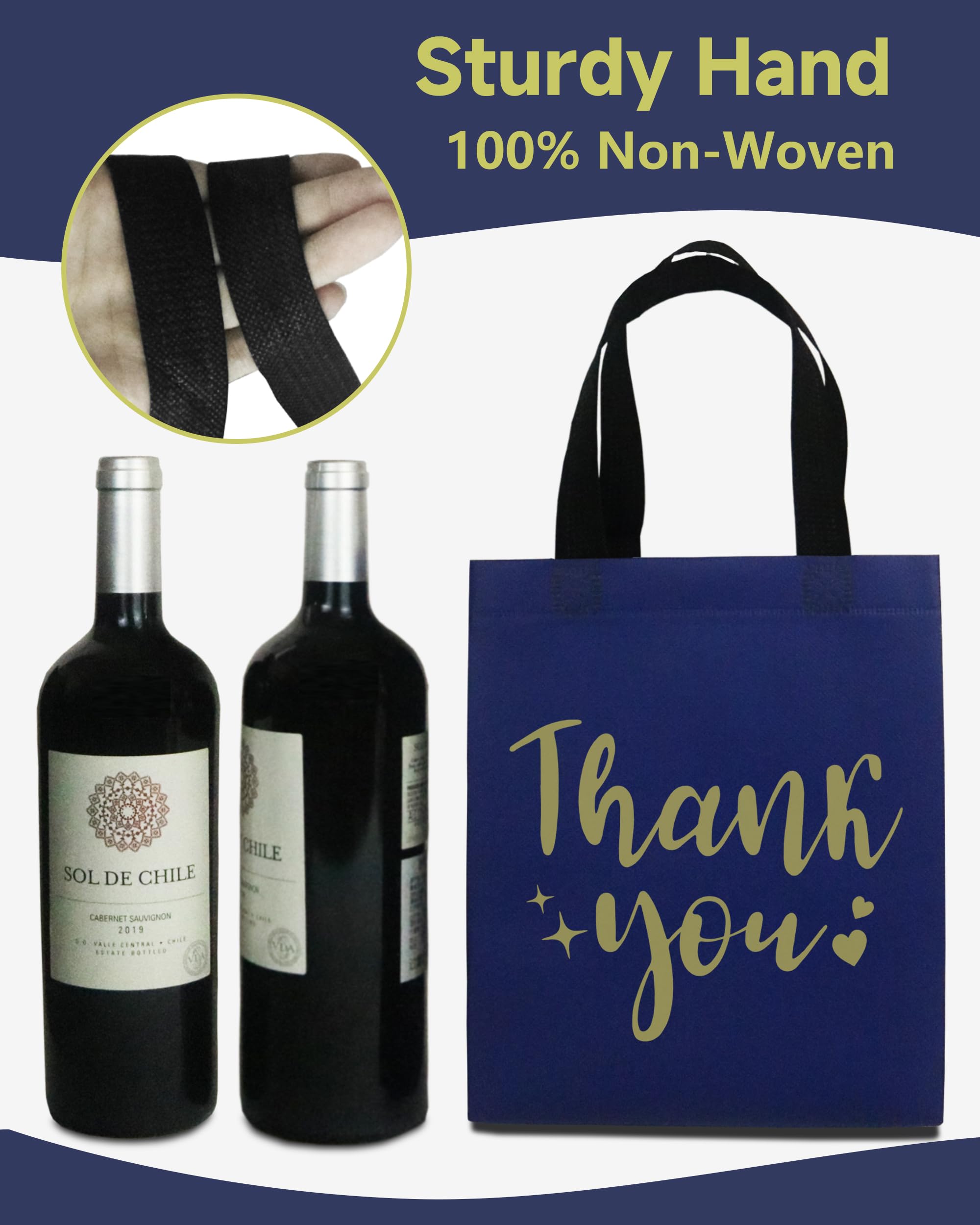 12 Navy Blue Thank You Gift Bags - Sturdy, Reusable, Medium 8x5x10 with Handles, Non-Woven for Weddings, Teachers, Father's Day, Parties, Birthdays & Graduations