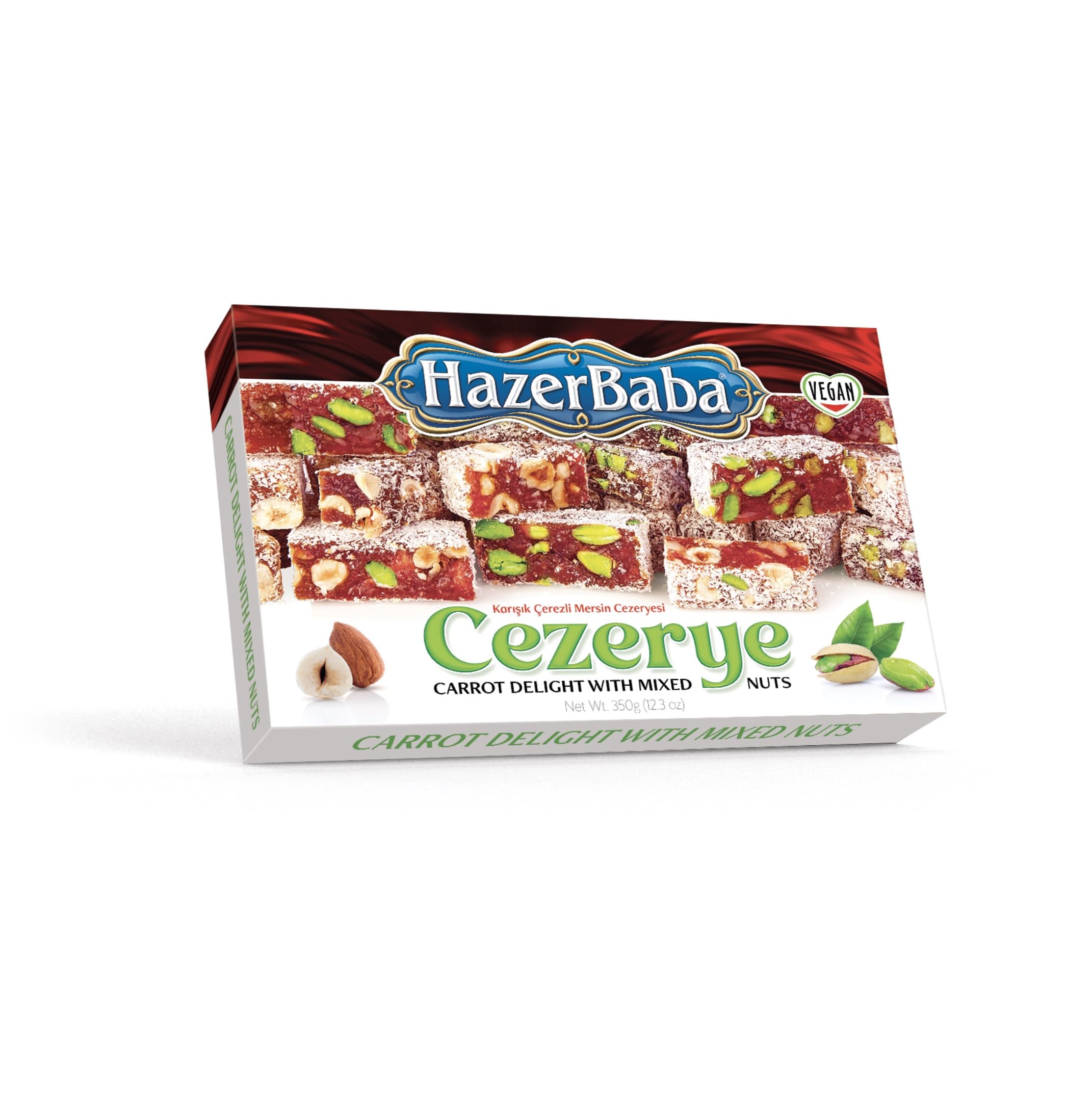 Hazer Baba Turkish Delight Candy, Cezerye with Mixed Nuts & Carrot Flavor, Coconut Dusted, Gourmet Snack Box, Vegan, Lokum, Loukumi, Delicias Turcas, Halal, Kosher, 12.3oz (350g)