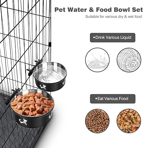 Miniatura 8 de Cuencos para jaula para perros para colgar sin derrames, juego de 2 cuencos de agua para jaulas para perros, cuencos montables para perreras, Negro