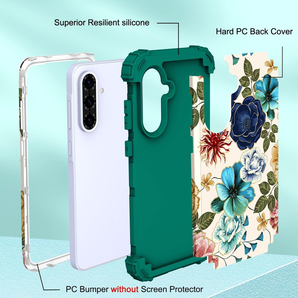 Hocase for Samsung Galaxy A36/A56 5G Case, Teal Flowers