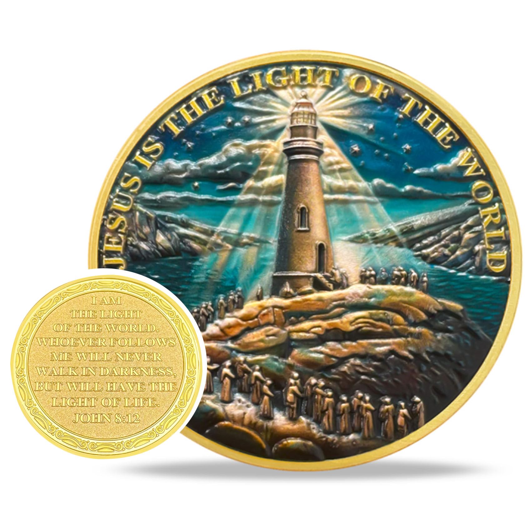 Christian Challenge Coin I am The Light of The World, Religious Prayer Coin with Gospel of John 8:12, Inspirational Christian Coin Gifts for Men &