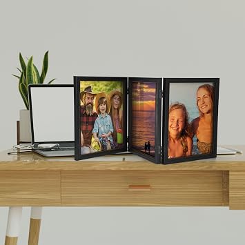 Sintuff 8 x 10 Picture Frames Hinged Fold Photos Frame Collage Vertical with Acrylic Opening Wood Desk Photo Rustic Multiple Desk Family Picture Collage Wedding Supplies(3 Fold Style,8x10inch,Black)