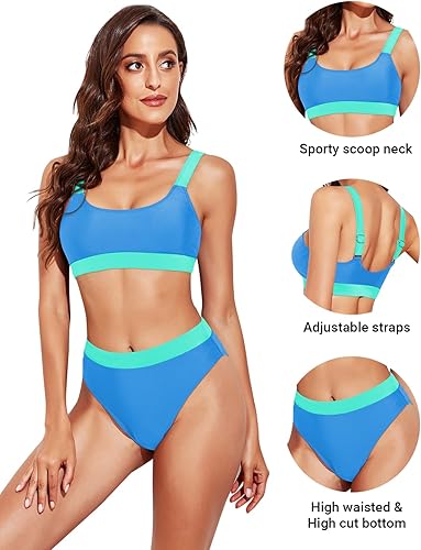 Miniatura 2 de Tempt Me Traje de baño deportivo de dos piezas de cintura alta con parte inferior para adolescentes, cuello redondo