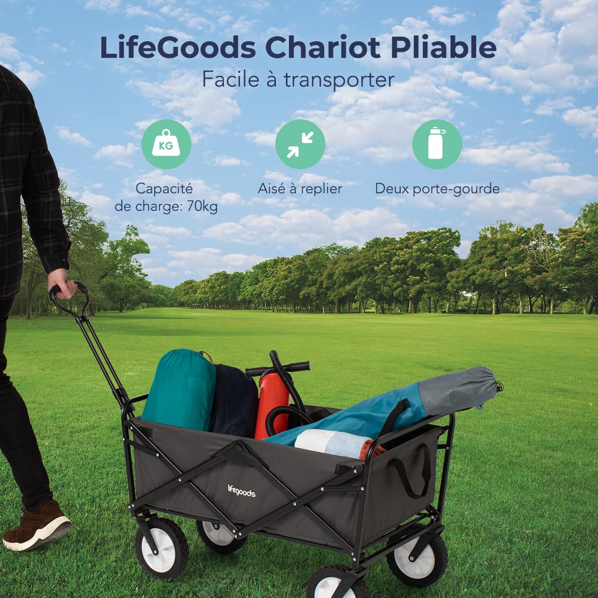 LifeGoods Chariot de plage – Chariot pliant avec roues – Grand chariot de plage – Roues pivotantes – 2 supports – Capacité de charge de 70 kg – Gris
