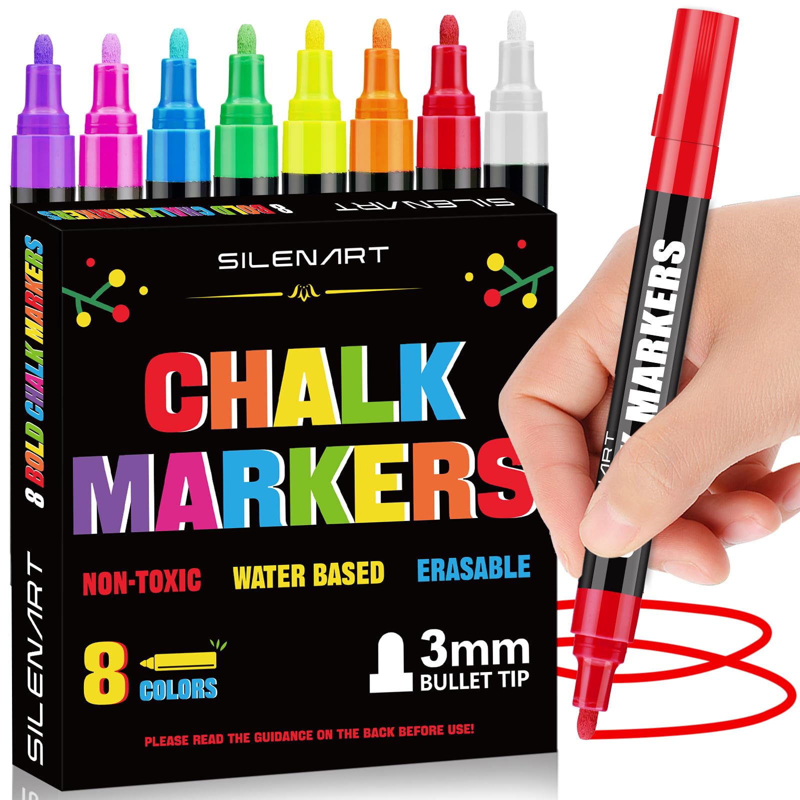 SILENART Liquid Chalk Markers for Blackboard - 8 Vibrant Colors - Window Markers for Car Glass Dry Erase Board Acrylic Calendar Board