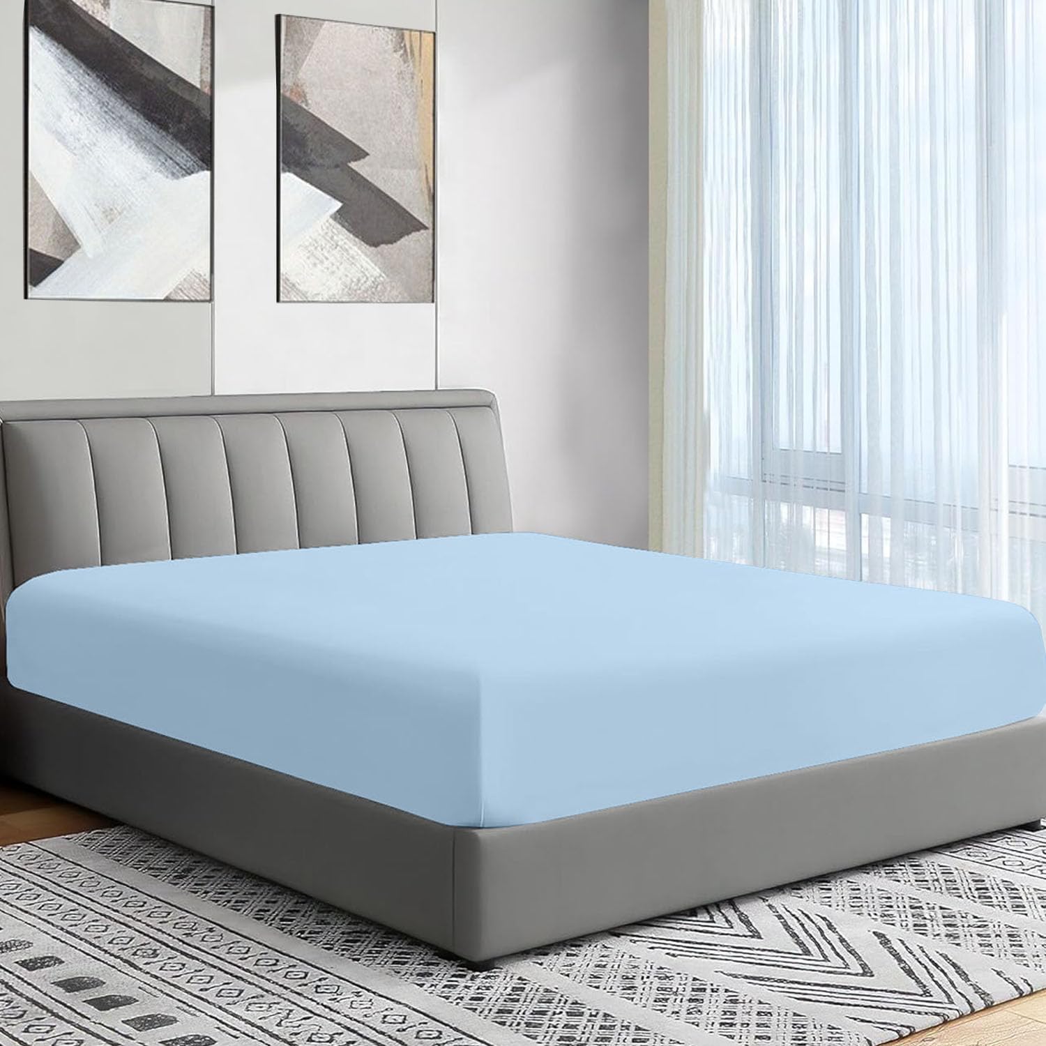 Fitted Bottom Sheet California King - Single Fitted Sheet Only - 1800 Microfiber Fitted Bed Sheet - Super Soft Fitted Cal King Sheet Fits Upto 15 inch Deep Mattress - 1 Fitted Sheet Only (Light Blue)