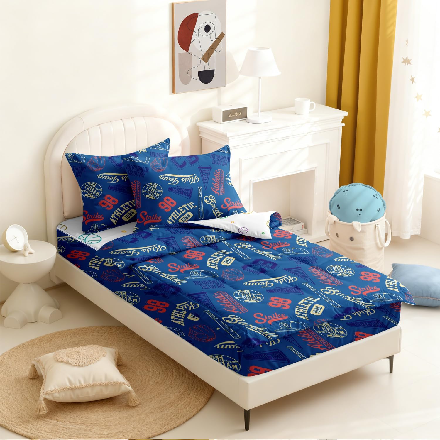 Kids Comforter Set,Zipper Bedding Twin for Boys,Baseballs Printed Comforter Set with Balls Fitted Sheets and Pillowcases for All Season(Baseballs-B)