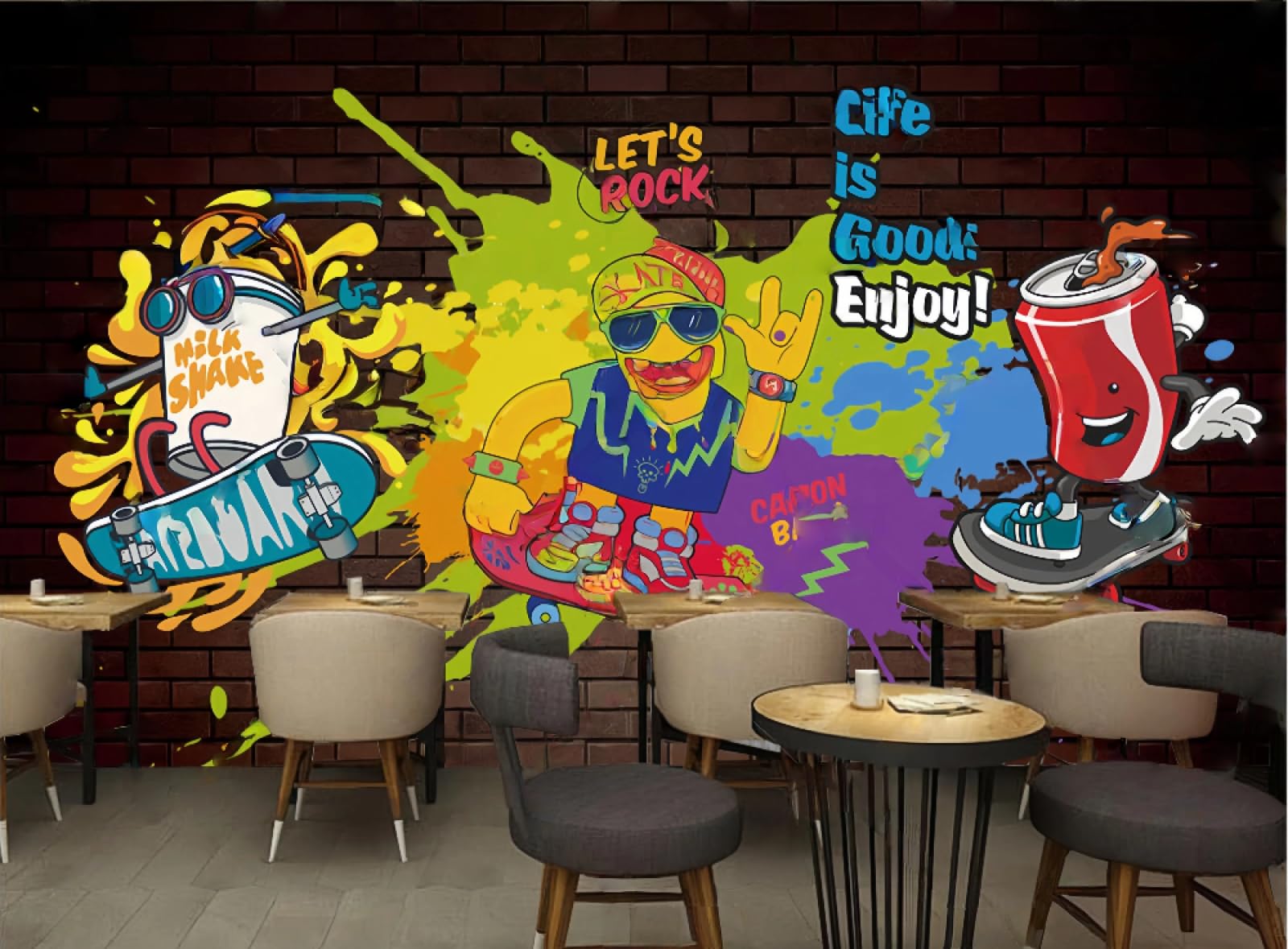 Murale moderno con tema musicale hip-hop e graffiti, sfondo per ristorante e caffetteria, 3D, 250x175 cm