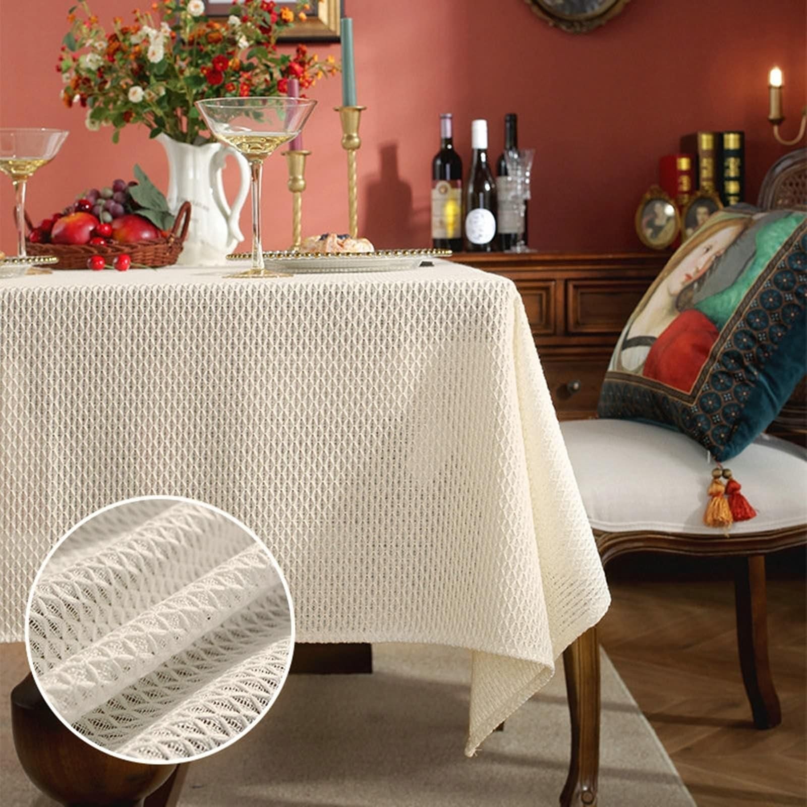 Daesar Mantel de Mesa Rectangular Moderno,Mantel Algodón Lino Antimanchas Color Sólido Mantel Mesa Comedor Beige Blanco,135x240CM(94x53Inch)