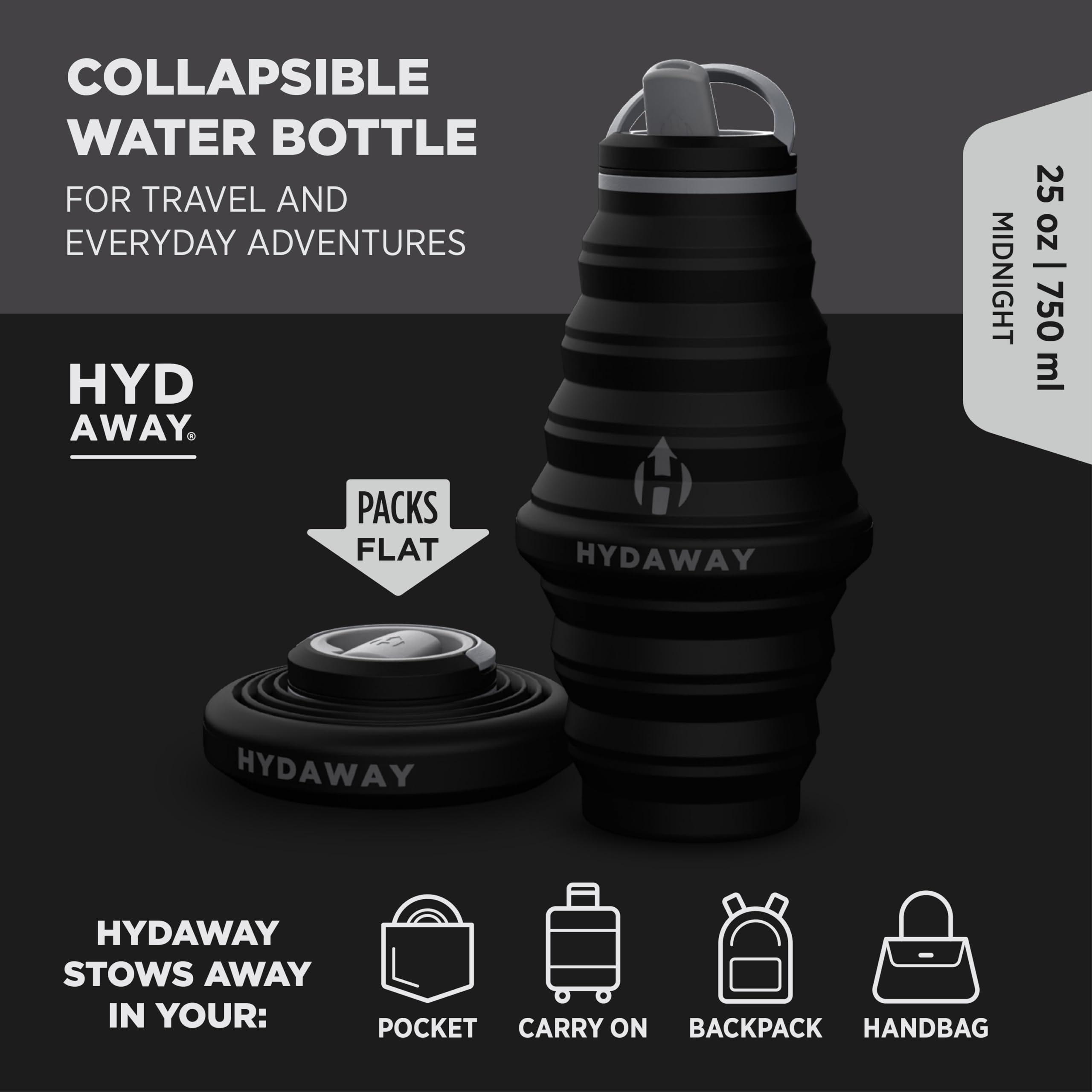 HYDAWAY - Bouteille d'eau pliable, couvercle à rabat, facile à emporter, pratique lors de vos déplacements, silicone de qualité alimentaire, 750 ml