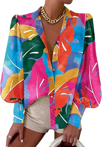 EVALESS Blusas con botones para mujer, blusas de manga larga con estampado de moda 2025