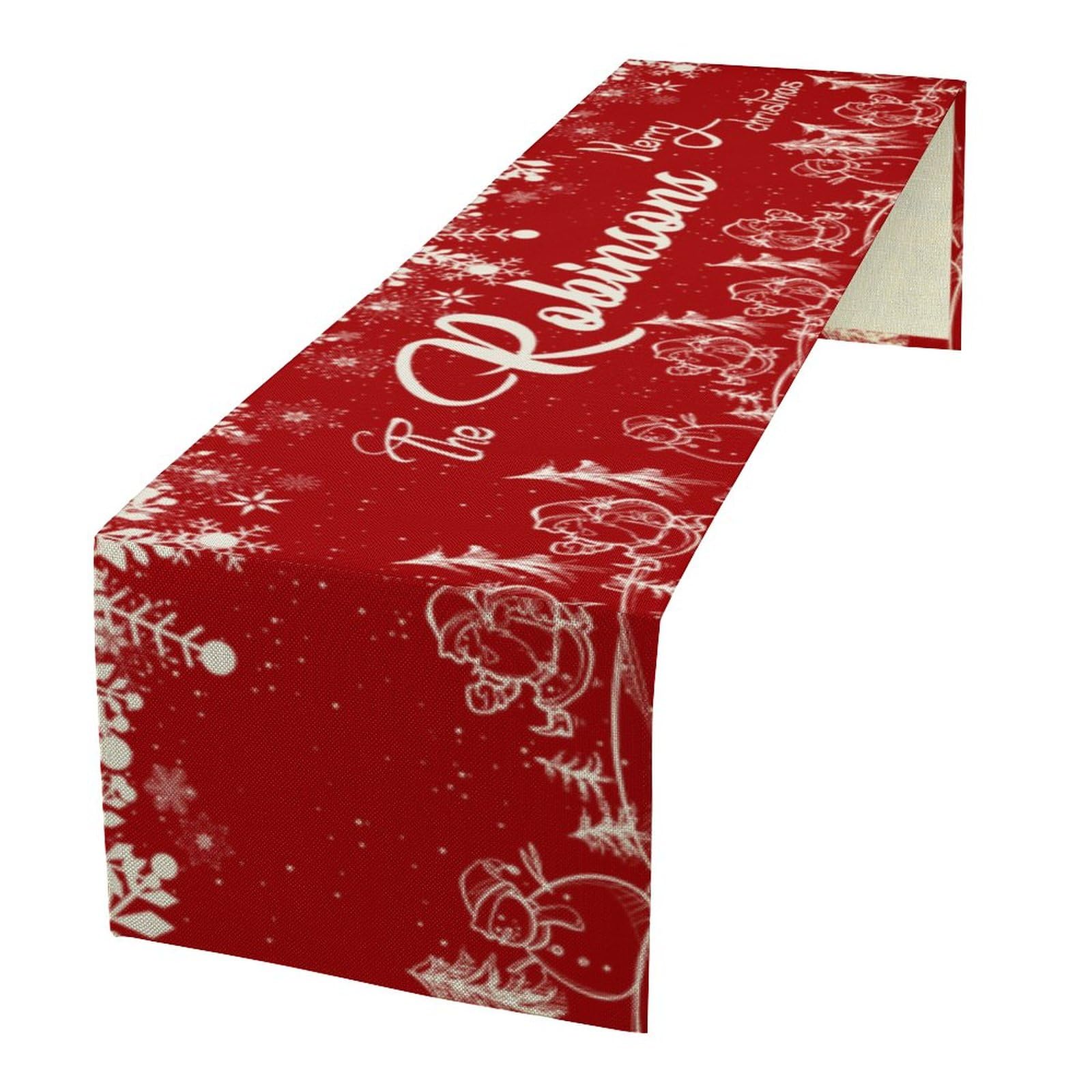 Personalized Merry Christmas Table Runner 13x72 Inch, Custom Family Last Name Table Runner Xmas Tree Santa Claus Snowman Seasonal Indoor Kitchen