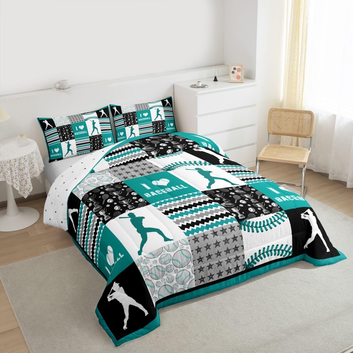 Baseball Bedding Queen Size for Boys Girls Teens Bedroom Sports Game Comforter Set, Softball Bat Player Bedding Comforter Sets Geometric Ripple Starry Balls Down Comforter 3 Pcs, Teal Blue