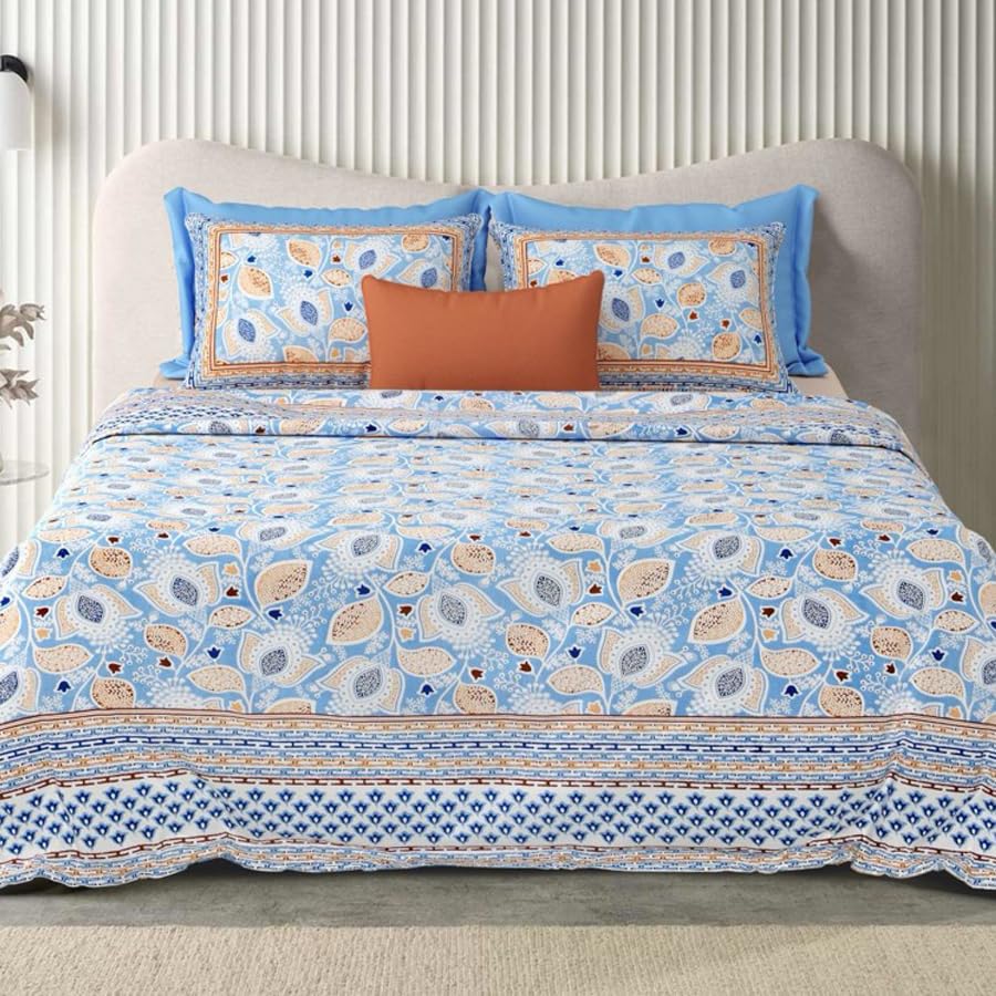Image of Urban Jaipur 100% Cotton Bedsheet for Double Bed (90 x 108 Inches) | 210 TC King Size Bed Sheet for Double Bed with 2 Pillow Covers | Pure Cotton Jaipuri Bedsheet (Blue, Brown)