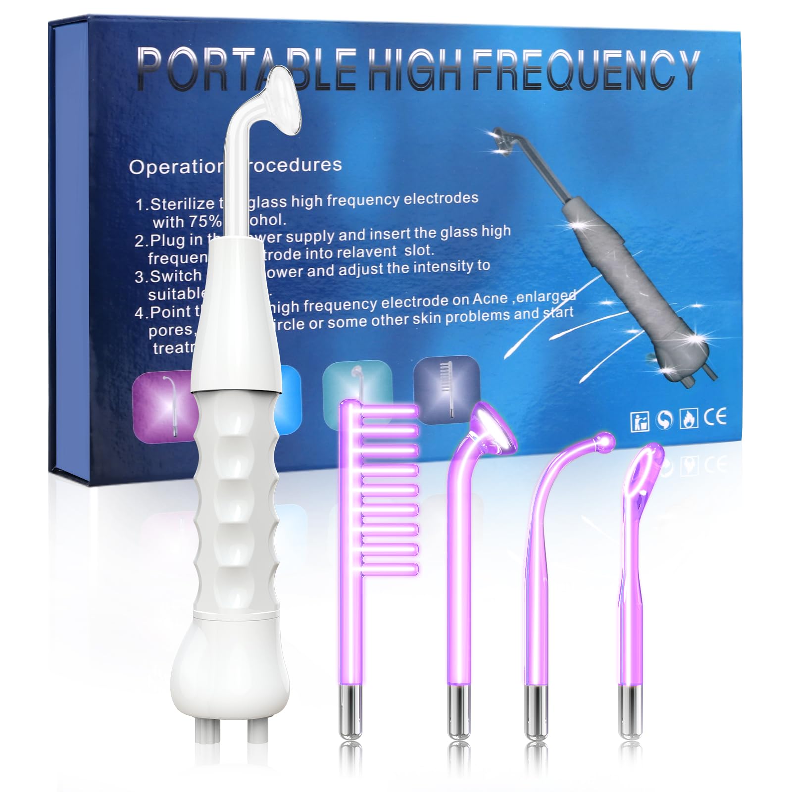 Varilla de electrodo de mano portátil de alta frecuencia, tubo de cristal, dispositivo de terapia de piel con 4 varillas de argón, tratamiento del acné, reafirmación de la piel, reducción de arrugas.