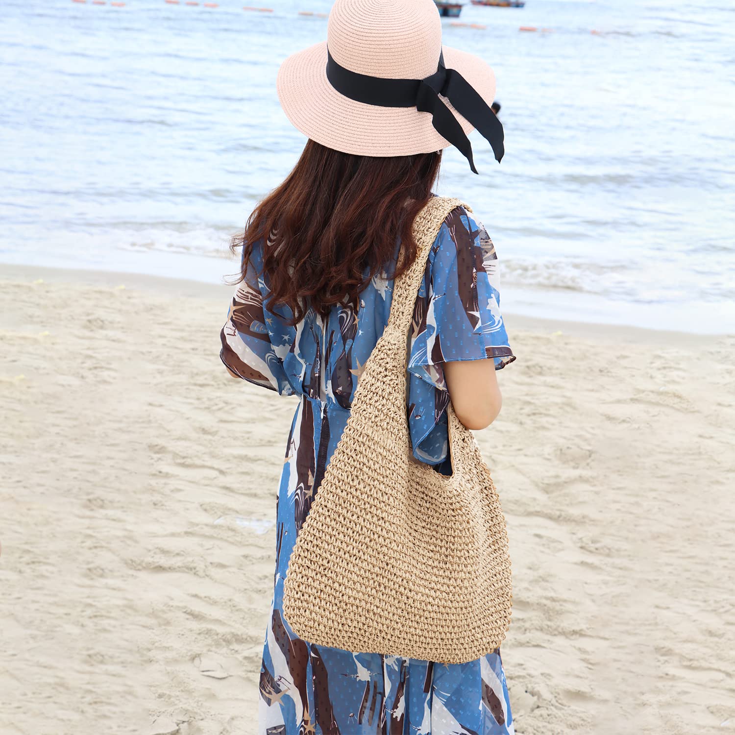 SUKUTU Femmes Grand Sac de Plage en Rotin de Paille Hobo Sacs à Main Poignée été Sac à Main en Paille tissé à la Main Intérieure