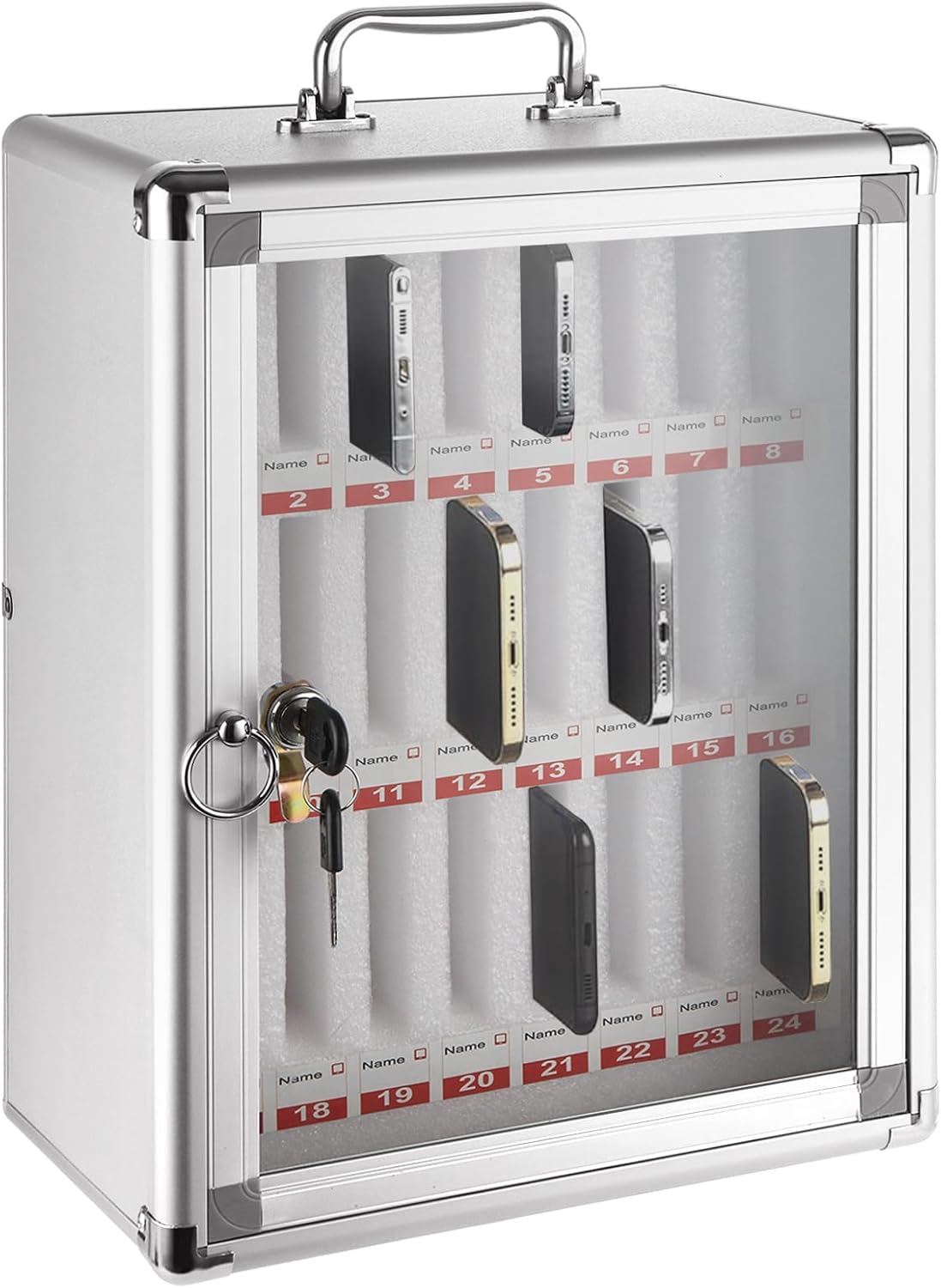 Aluminum Cell Phone Lock Box with Key 24 Slots Aluminum Alloy Pocket Chart Storage Cabinet for Cell Phone Locker Wall-Mounted Cell Phone Box Cell Phone Storage Cell Phone Jail for Office