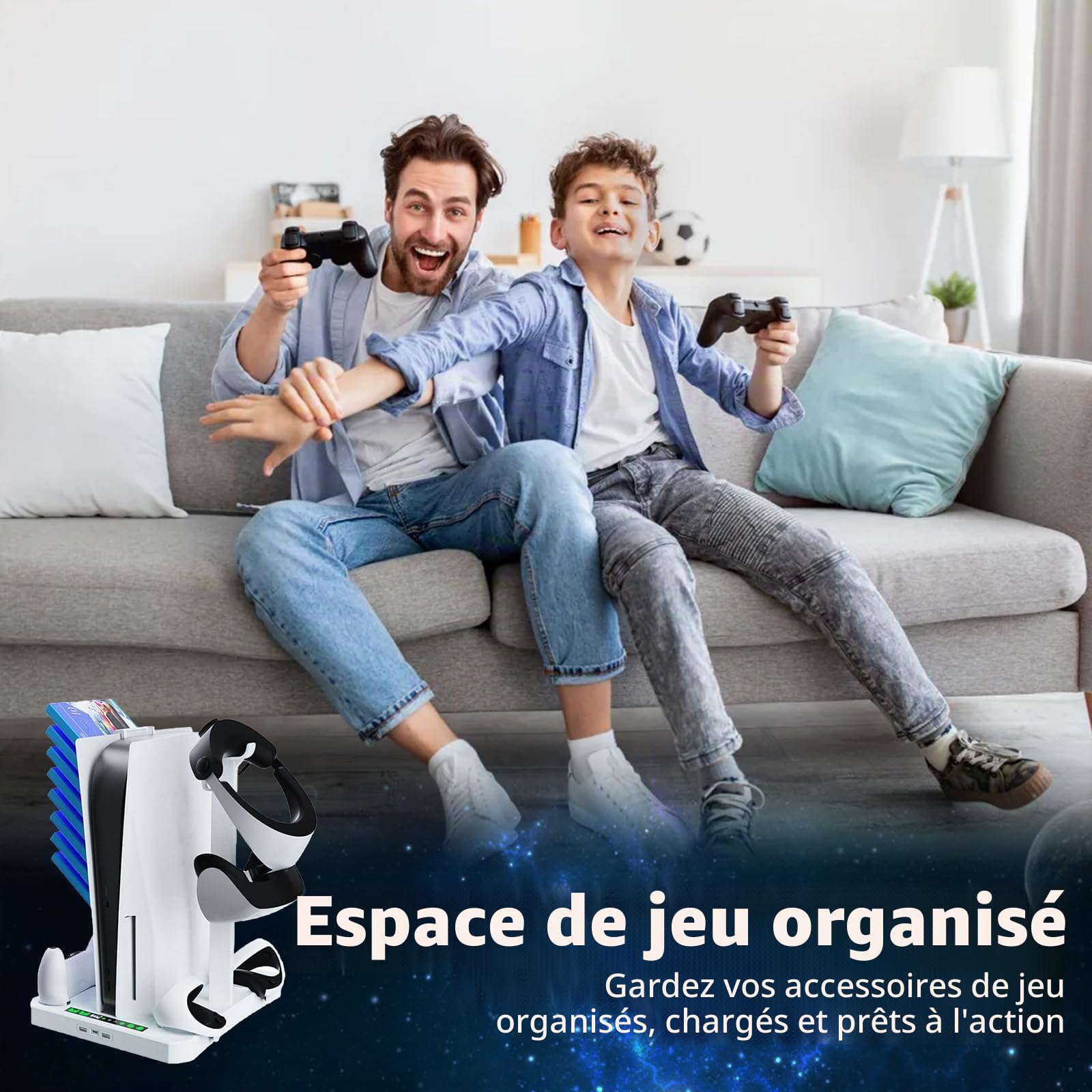 PS5 & PS VR2 support station de refroidissement avec contrôleur de charge, 3 en 1 avec 2 ventilateurs pour PS5 et VR2, support de casque