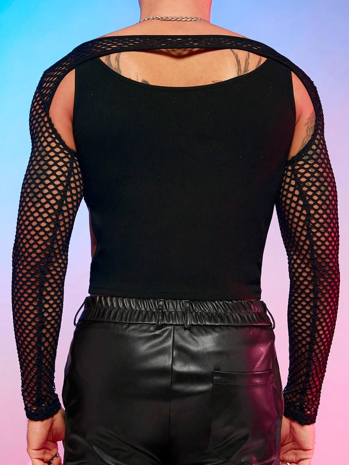 WDIRARA Men's Contrast Mesh Sheer Cut Out Long Sleeve Crop T Shirt Slim Fit Party Tee Top - Image 2