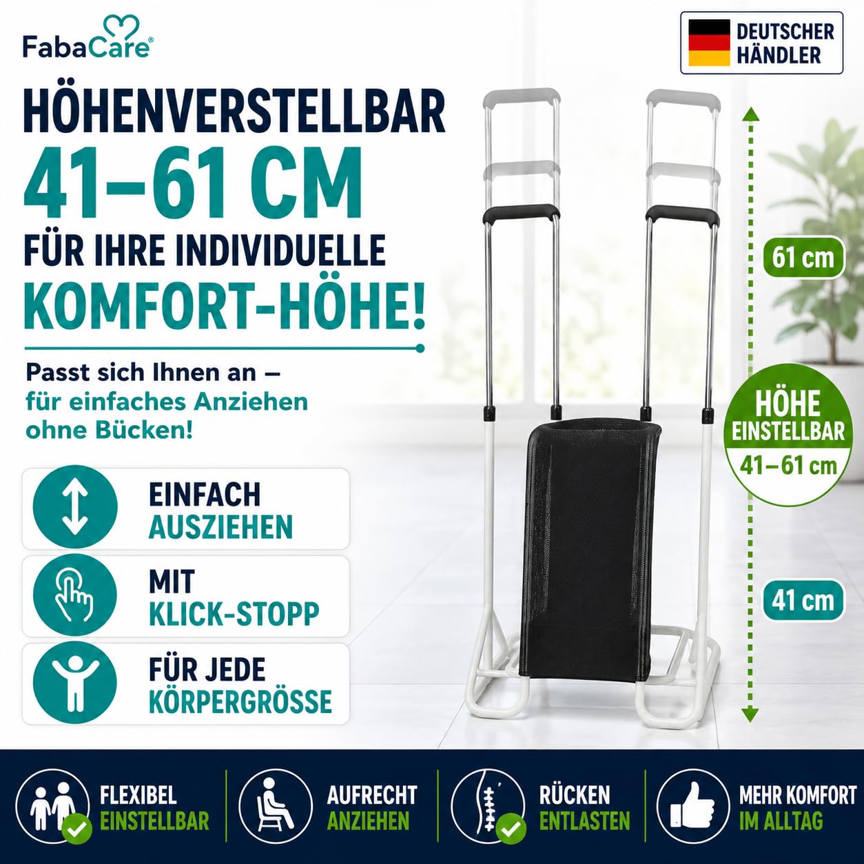 FabaCare Strumpfanzieher Anziehhilfe 12 cm für Kompressionsstrümpfe | Höhenverstellbar 41–61 cm, für Stütz- & Thrombosestrümpfe, knie- & hüfthoch, Metallgestell mit PU-Griffen