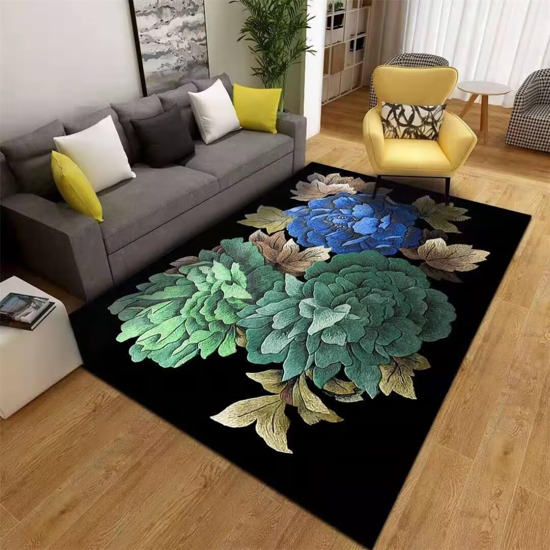 Tapis de salon lavable haut de gamme aux motifs orientaux noirs