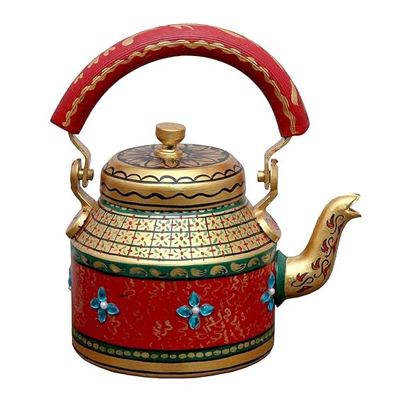 iHandikart Hand Painted Meenakari Jaipuri Aluminium Kettle/Tea Pot Showpiece for Home Decor, 22 cm, Golden