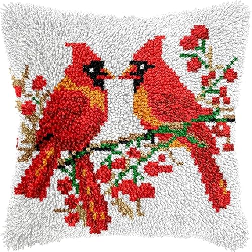 YarnAdventures Escena de nieve invernal Cojines De Ganchillo Para adultos,pájaro rojo en la rama,Kit de gancho de pestillo para manualidades,de fabricación de cojines,decoración del hogar,43x43cm