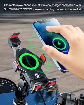 BRCOVAN Metal Motorcycle Fork Stem Phone Mount with Qi 15W Wireless Charger