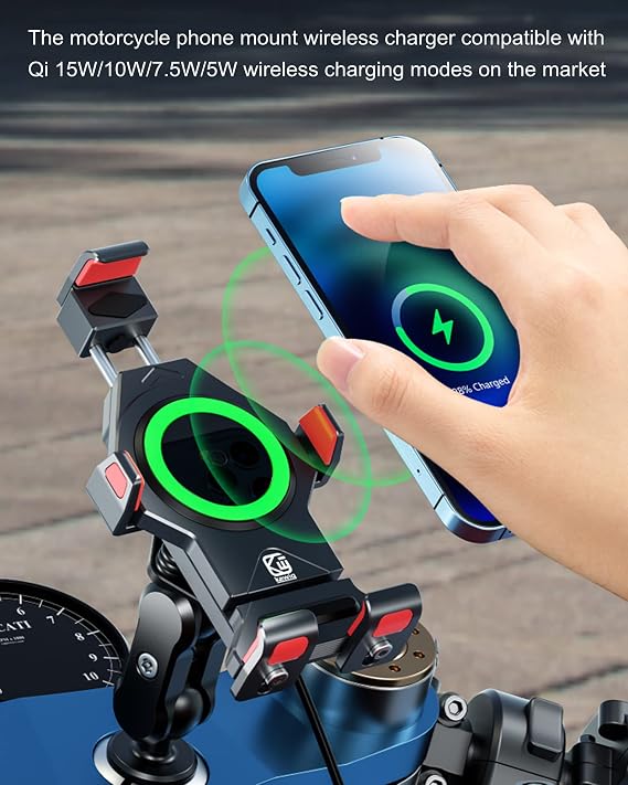 BRCOVAN Metal Motorcycle Fork Stem Phone Mount with Qi 15W Wireless Charger