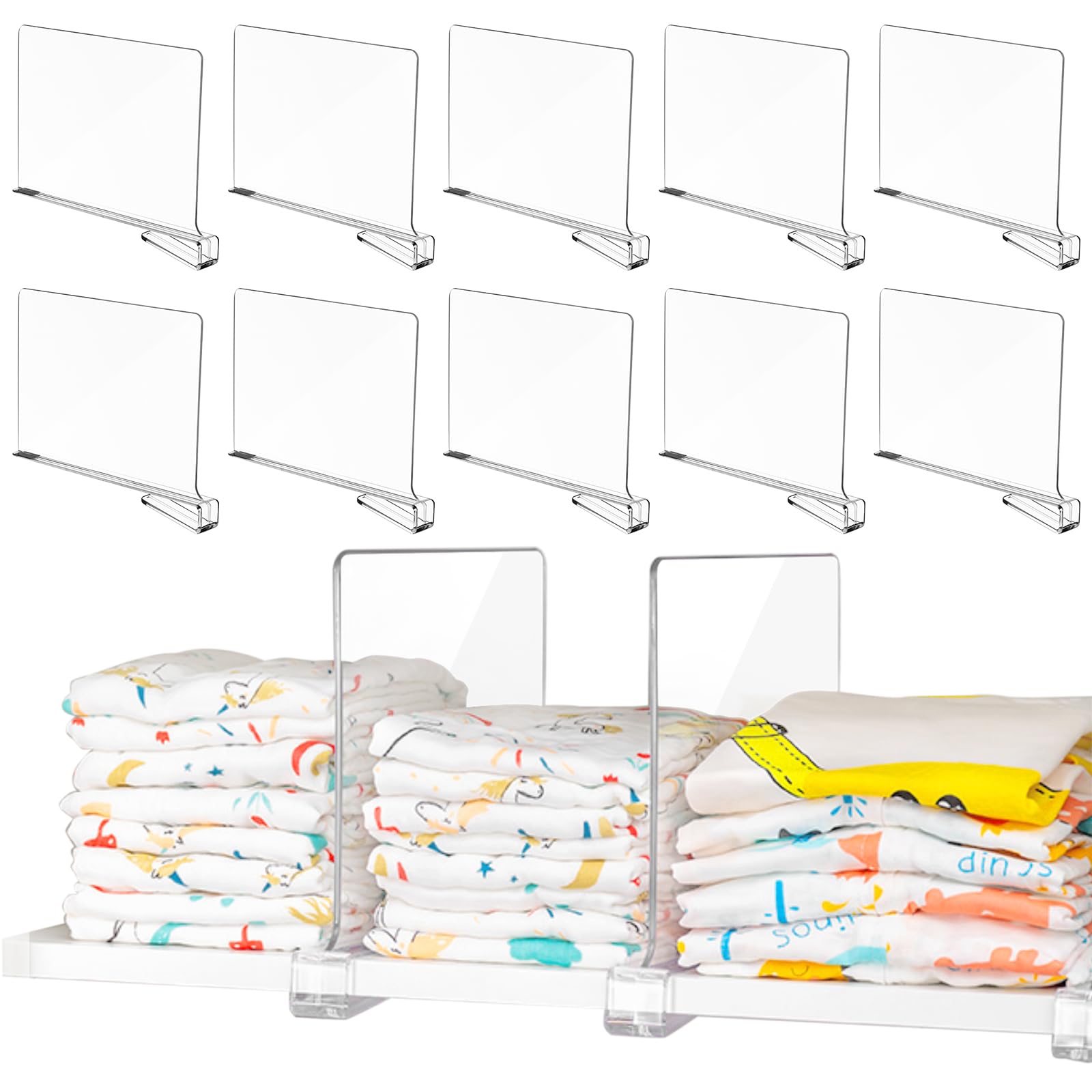 Acrylic Shelf Dividers, 10 Pack Clear Closet Shelf Organizer for Wood Shelves, Clothes Dividers for Closets, Vertical Closet Separator for Shelves Bedroom Wardrobe Kitchen Cabinet Storage Organization