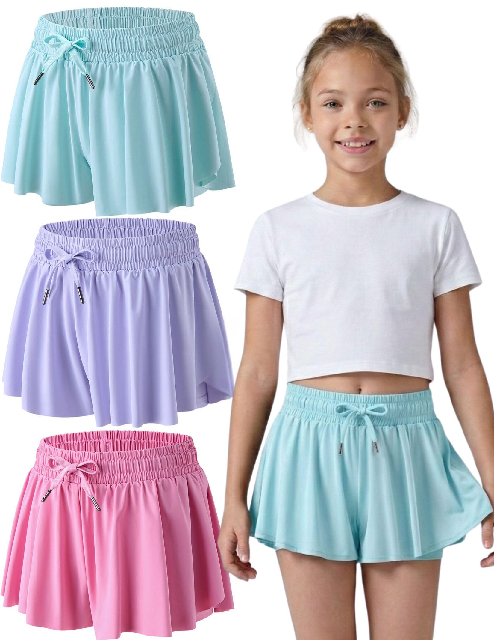 1 or 3 Pack Youth Girls Flowy Shorts with Spandex Liner & Pockets | 2-in-1 Athletic Butterfly Shorts for Kids, Teens, Running Dance Gymnastics Medium Pink/Mint/Light Lavender
