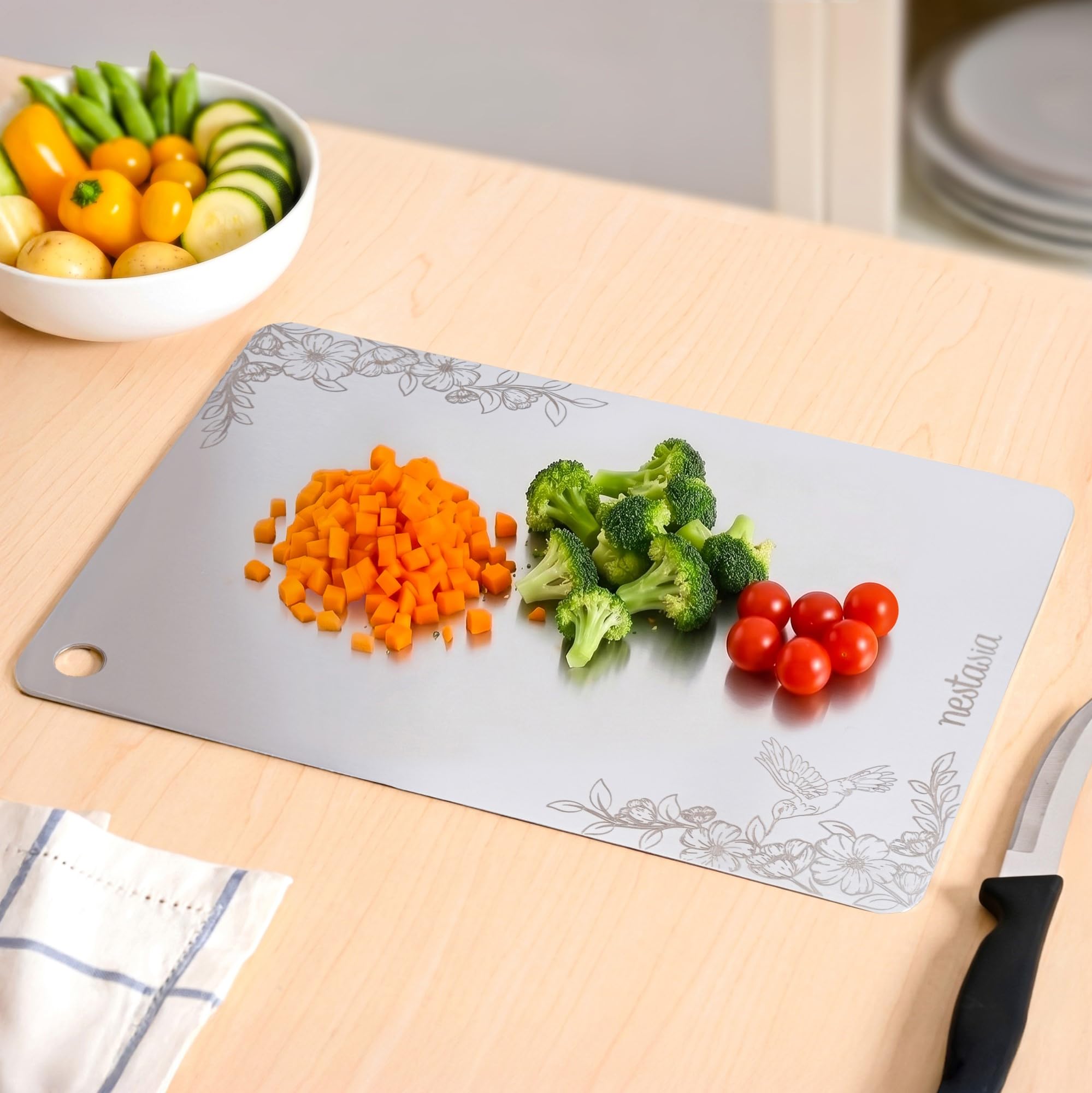 Nestasia Stainless Steel Chopping Board for Kitchen (35cm x 25cm) - Floral Engraved Anti-Skid Steel Cutting Board for Chopping Fruits & Vegetables | 100% Food Safe, Rust Resistant & Dishwasher Safe